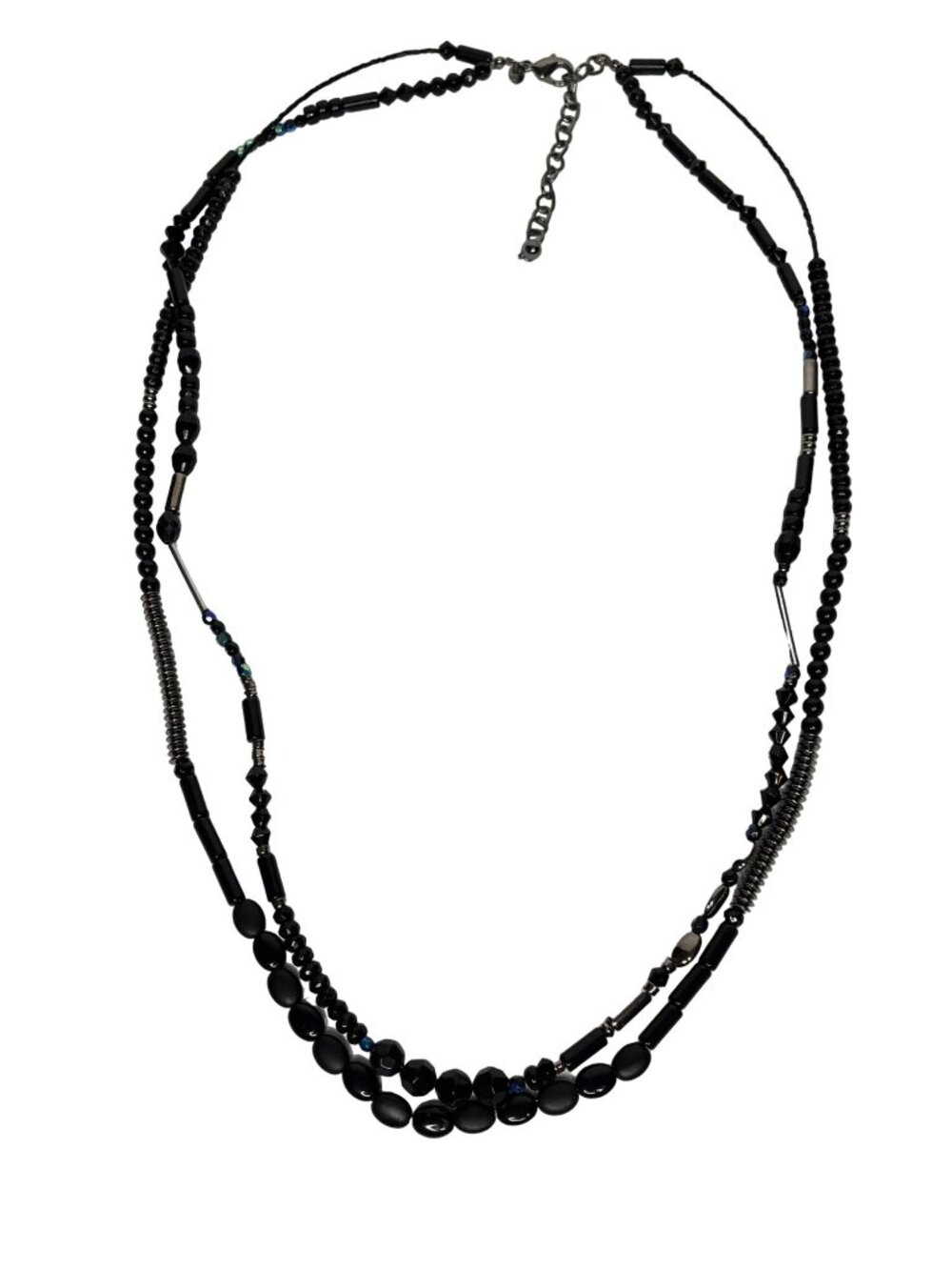 Chicos Black Beaded Multistrand Necklace Silver Tone Statement Layered Jewelry